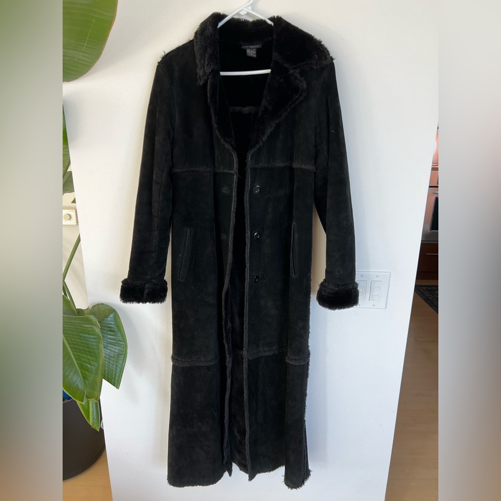 Vintage Express Black Leather Suede Faux Fur Lined Penny Kane Long Coat sz S